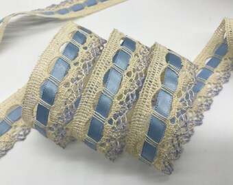 Ecru Cluny Lace Trim, Blue Satin Ribbon, 1.25" Wide, Per Yard