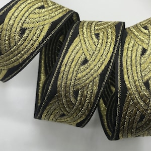 Jacquard Ribbon Trim~Renaissance Fair Costume Trim Floral Metallic~CELTIC KNOT~Gold on black~1-1/4&quot;