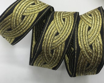 Jacquard Ribbon Trim~Renaissance Fair Costume Trim Floral Metallic~CELTIC KNOT~Gold on black~1-1/4"