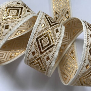 Jacquard Ribbon Trim~Renaissance Fair Costume Trim~off white~gold Metallic~Diamonds~1&quot;