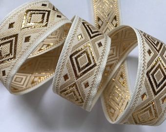 Jacquard Ribbon Trim~Renaissance Fair Costume Trim~off white~gold Metallic~Diamonds~1"