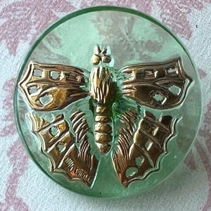 Czech pressed green vaseline glass button with gold luster~BUTTERFLY~7/8&quot;