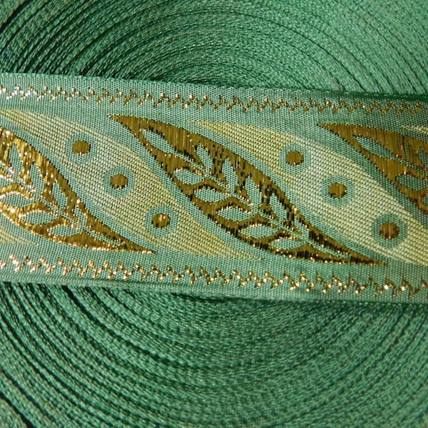 Woven Metallic Jacquard Ribbon Trim Tape~lightweight bay leaves and polka dots | Gold metallic on bayleaf colored background | 1-1/2"