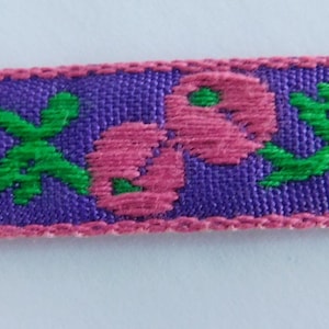 Vintage Cheeries narrow cotton Jacquard Ribbon Trim Tape~pink~green on PURPLE~doll trim~13mm~1/2&quot;