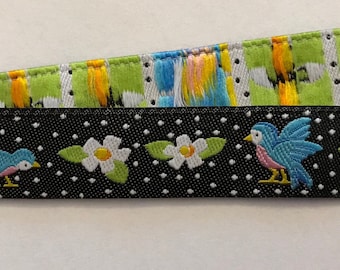 Jacquard ribbon trim ~ Designer Mary Engelbreit ~ Tiny blue birds on dots ~ 5/8&quot;