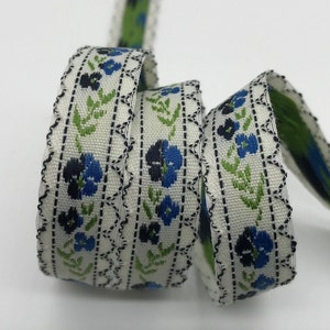 Vintage Sweet narrow Jacquard Ribbon Trim Tape~Multi Floral~Navy Sapphire moss on white 5/8&quot;&quot;