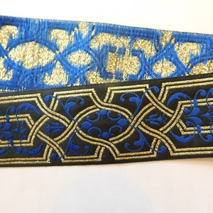 Jacquard Ribbon Trim~Renaissance Fair Costume Trim~BLUE~Black~GOLD metallic Floral scroll~1-9/16&quot;