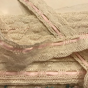 Vintage cotton Cluny edge Lace trim w/pink ribbon inset~Pillow case trim~doll baby trim~Costume insertion lace~7/8&quot;