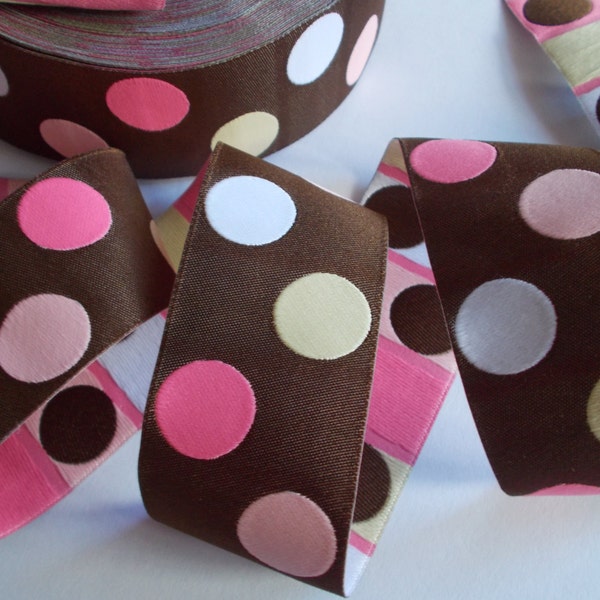 Jacquard Ribbon Trim Woven Jacquard Ribbon Polka Dots Pink, brown, Cream, Tan-1-1/2"