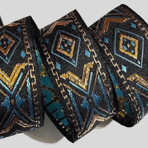 Jacquard Ribbon Trim~Renaissance Fair Costume Trim~Copen Blue~gold Metallic on black~X & Diamonds~1-1/16&quot;