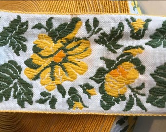 Vintage Jacquard Cotton Ribbon Trim: Yellow Floral, 1-15/16"