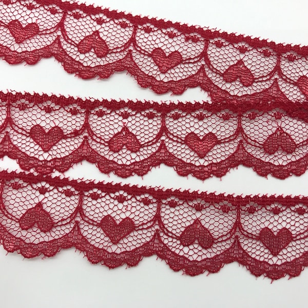 Soft RED floral flat Lace Trim with hearts ~ Valentine trim ~ doll trim ~ 1"
