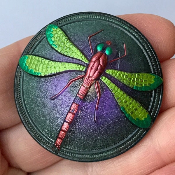 Large 41mm DRAGONFLY Czech pressed hand-painted glass button~Purple~green~black