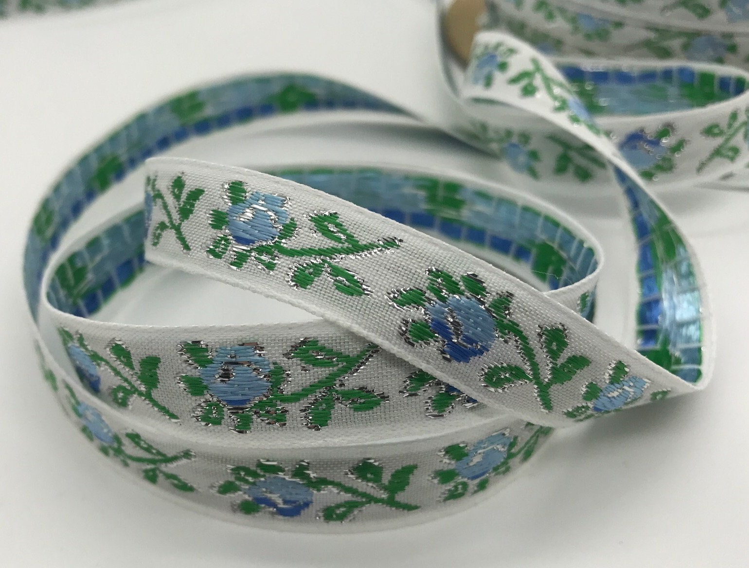 Vintage Jacquard Ribbon Trim: Baby Blue Rose Buds, Silver Metallic