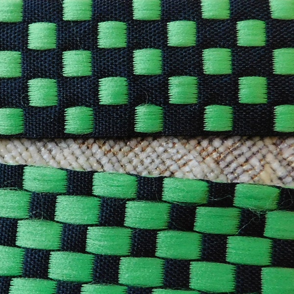 Vintage Jacquard Ribbon Trim Tape~Chartreuse Green black checks~Neon green~Black~7/8"