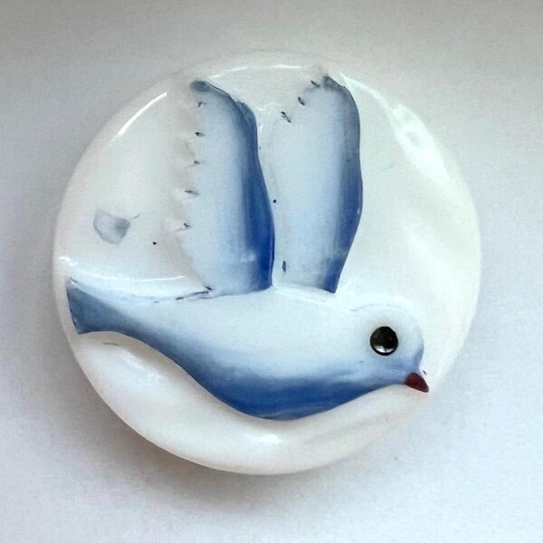 Rare Czech milk glass button w/hand-painting~Bird of Peace~Bird 1-1/8"