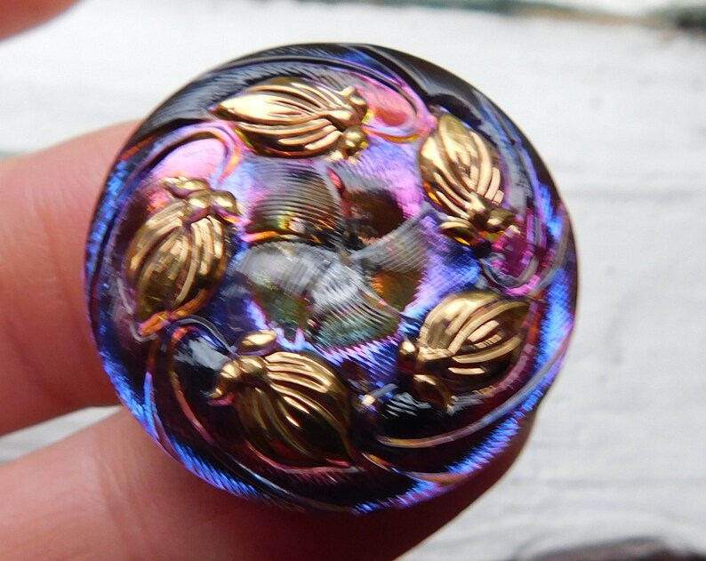 27mm Czech glass button wiridescent luster-Purple~Violet~Gold luster~1-116