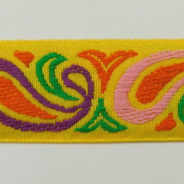 VINTAGE PAISLEY~poly cotton Jacquard Ribbon Trim~purple, pink, green, orange on yellow~1"