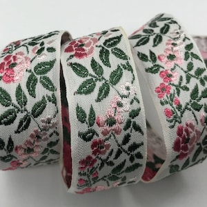 Vintage Jacquard Ribbon Trim Pretty roses ~ Silky light pink and bright pink ~ sage green on white - 7/8&quot;
