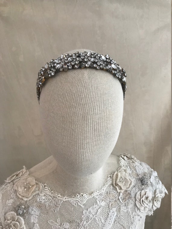 Czech Rhinestone Wedding Headband, Heavy Brass Crystal 