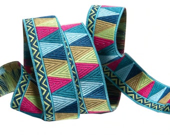 Ribete de cinta Jacquard tejida ~ Diseñador Amy Butler ~ Mosaico amarillo/rosa/azul ~ 7/8"
