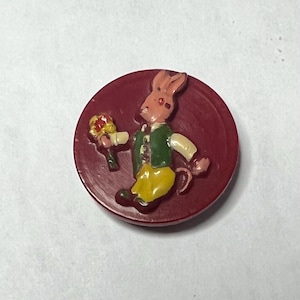 Vintage Dark red casein plastic Button ~ 13/16" hand painted Bunny HARE ~Italy