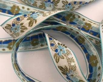 Beautiful Vintage Jacquard Ribbon Trim Tape~Aqua~Royal~Sage green on off white~11/16" 18mm