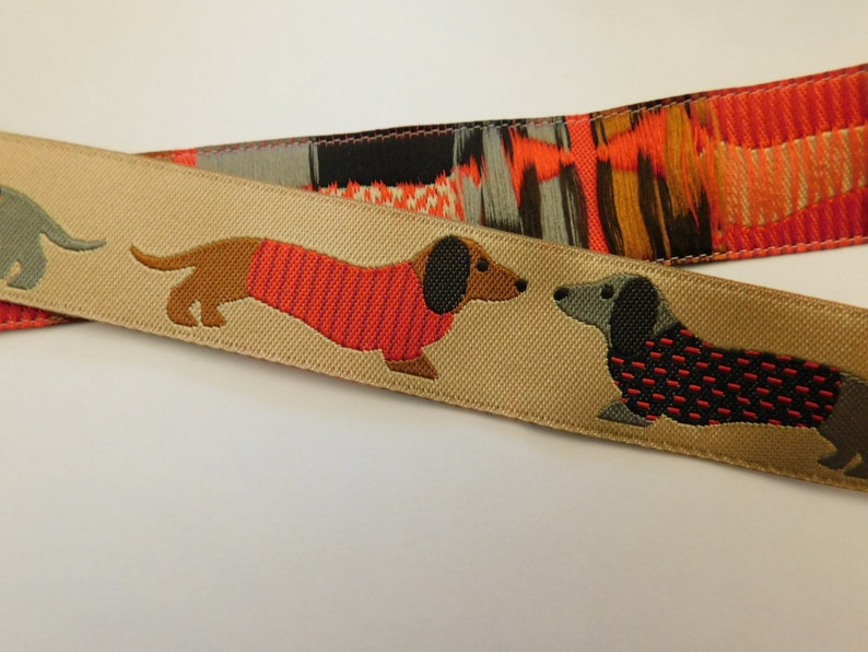 Ribete de cinta jacquard Ribete de cinta jacquard tejido de diseñador Perro salchicha en cinta color canela patrón de cachorros 7/8 imagen 2