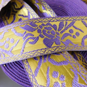 Jacquard Ribbon Trim Renaissance Fair Costume Trim~ROSES~PURPLE~Gold metallic~1-1/2&quot;