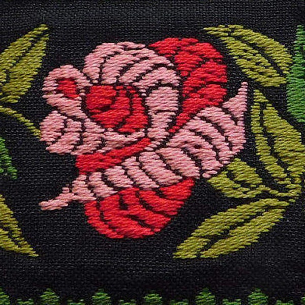 Roses VINTAGE jacquard Ribbon Trim  2" wide Woven Jacquard Ribbon Trim Tape Pink red on Black-Multi