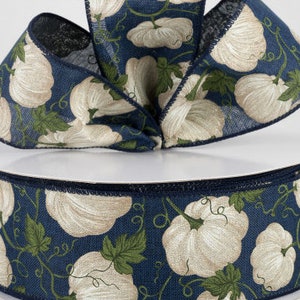 Wire edge ribbon ~ 2.5&quot; Ivory Pumpkin Ribbon~Navy~Wired craft ribbon