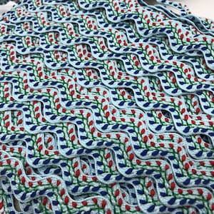 5/8&quot; Embroidered Featherstitch Lt BLUE Ric Rac ~ Rick Rack trim w Royal/Red ~ doll trim ~ Sewing craft trim