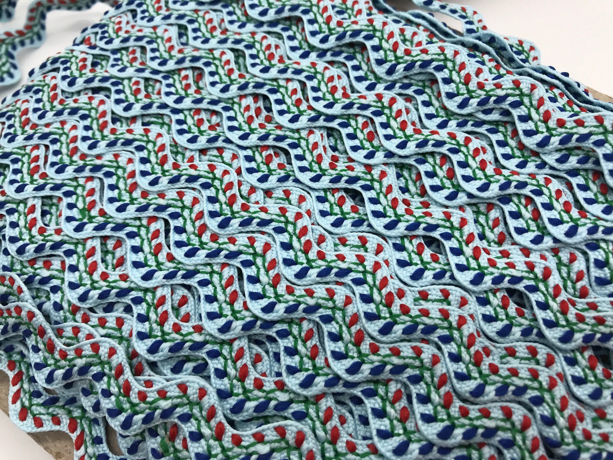 Light Blue Embroidered Feather Stitch Ric Rac Trim, Royal Blue & Red, 9 ...