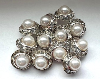 Pretty set of 12 small rhinestone & faux pearl buttons~sweater buttons ~ Wedding accents ~ clear Crystals ~11mm