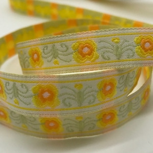 Sweet Flower Jacquard Ribbon Trim buttercup yellow, orange, sage on white 1/2&quot;