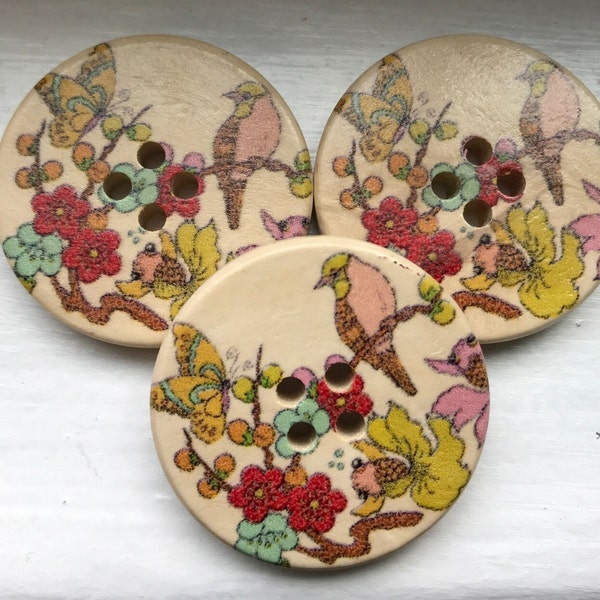 3 pretty flower Wood buttons Summer flowers, bird, and butterfly