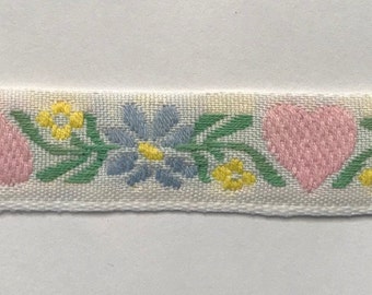 Vintage floral Woven Jacquard Ribbon Trim~Pale PINK Hearts flower dusty blue yellow green maize on white~11/16"