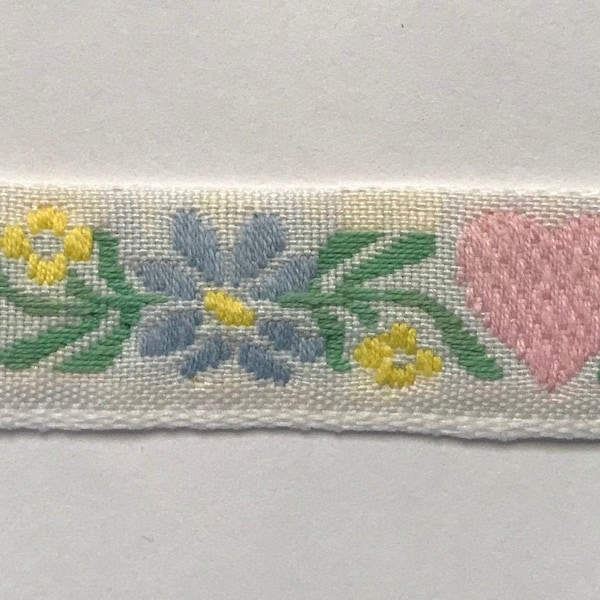 Vintage floral Woven Jacquard Ribbon Trim~Pale PINK Hearts flower dusty blue yellow green maize on white~11/16"