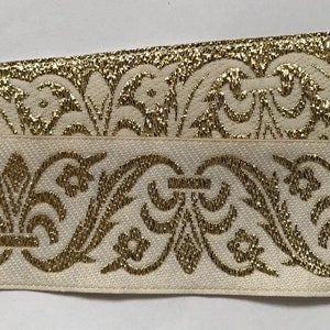 Jacquard Ribbon Trim~Renaissance Fair Costume Trim~off white~gold Metallic~fleur di lis~1-3/16&quot;