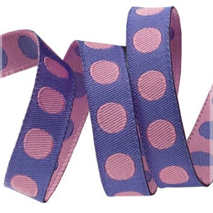 Designer renaissance ribbon woven Jacquard ribbon~POMPOM poppy~pink on purple~Tula pink~3/8&quot;