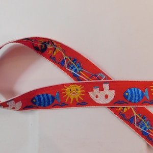 Vintage Kinder Zierband Jacquard Bordüre Boot ~ Fisch ~ lächelnde Sonne ROT ~ 2,5 cm