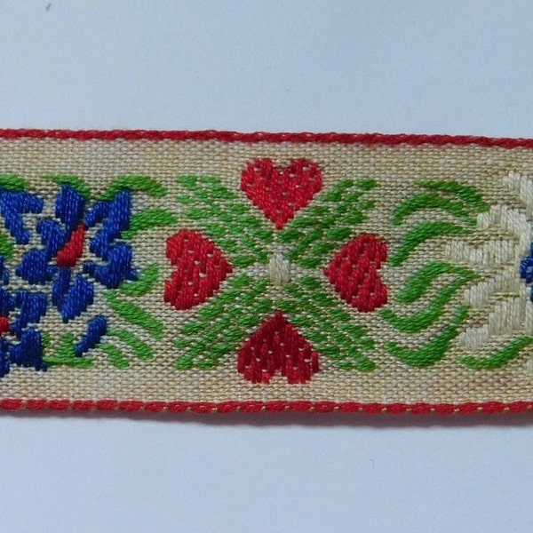 VINTAGE floral Jacquard Ribbon Trim Tape~edelweiss flowers and hearts ~red, blue, green, white on ecru~1"