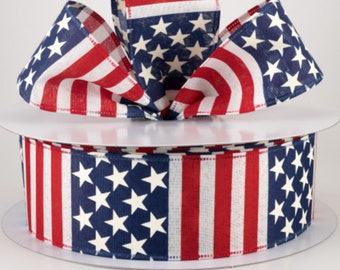 BTY-Stars and Stripes Wired Ribbon, 2.5" Faux Linen USA Flag Craft Ribbon-sold by the yard