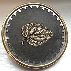 XL Antique brass picture button w/unusual tin liner~&quot;Begonia Leaf&quot;~1-7/16&quot;