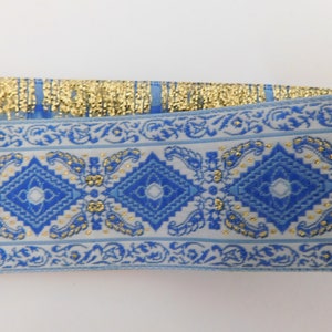 Jacquard Ribbon Trim Woven Jacquard Ribbon Renaissance Fair Costume Trim~Blue~white~gold metallic~Bavarian Filigree~1-1/4&quot;