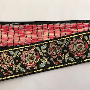 Jacquard Ribbon Trim~Mackintosh Roses~Metallic Woven Jacquard Ribbon Renaissance Fair Costume Trim~Pinks~Aqua~Black-1-1/2&quot;