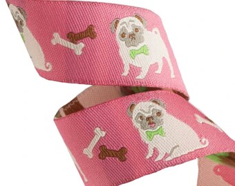 Designer woven Jacquard ribbon~White PUG/Pink~dog trim~7/8"