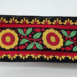 Cinta de algodón Jacquard de estilo vintage ANCHA con diseño floral ~ ROJO, amarillo, verde y negro ~ 2-5/8&quot;