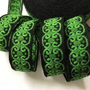 LIMITED Vintage  cotton Jacquard Ribbon Trim Tape~vibrant green on black~3/4&quot;