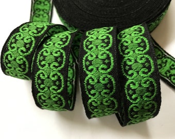 LIMITED Vintage  cotton Jacquard Ribbon Trim Tape~vibrant green on black~3/4"